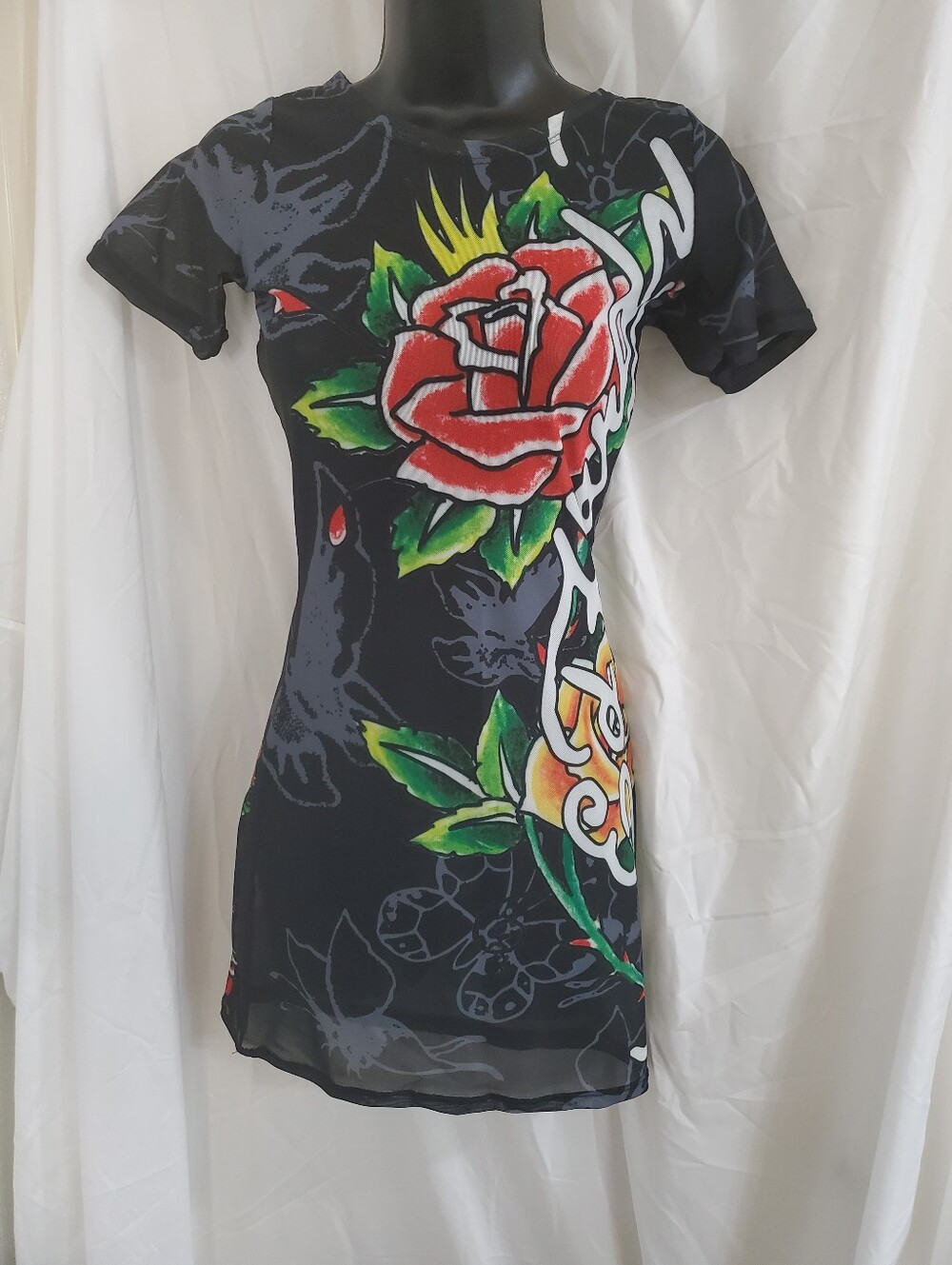 Ed hardy monogram red roses skull Printed sheer swim coverup short dress size XL